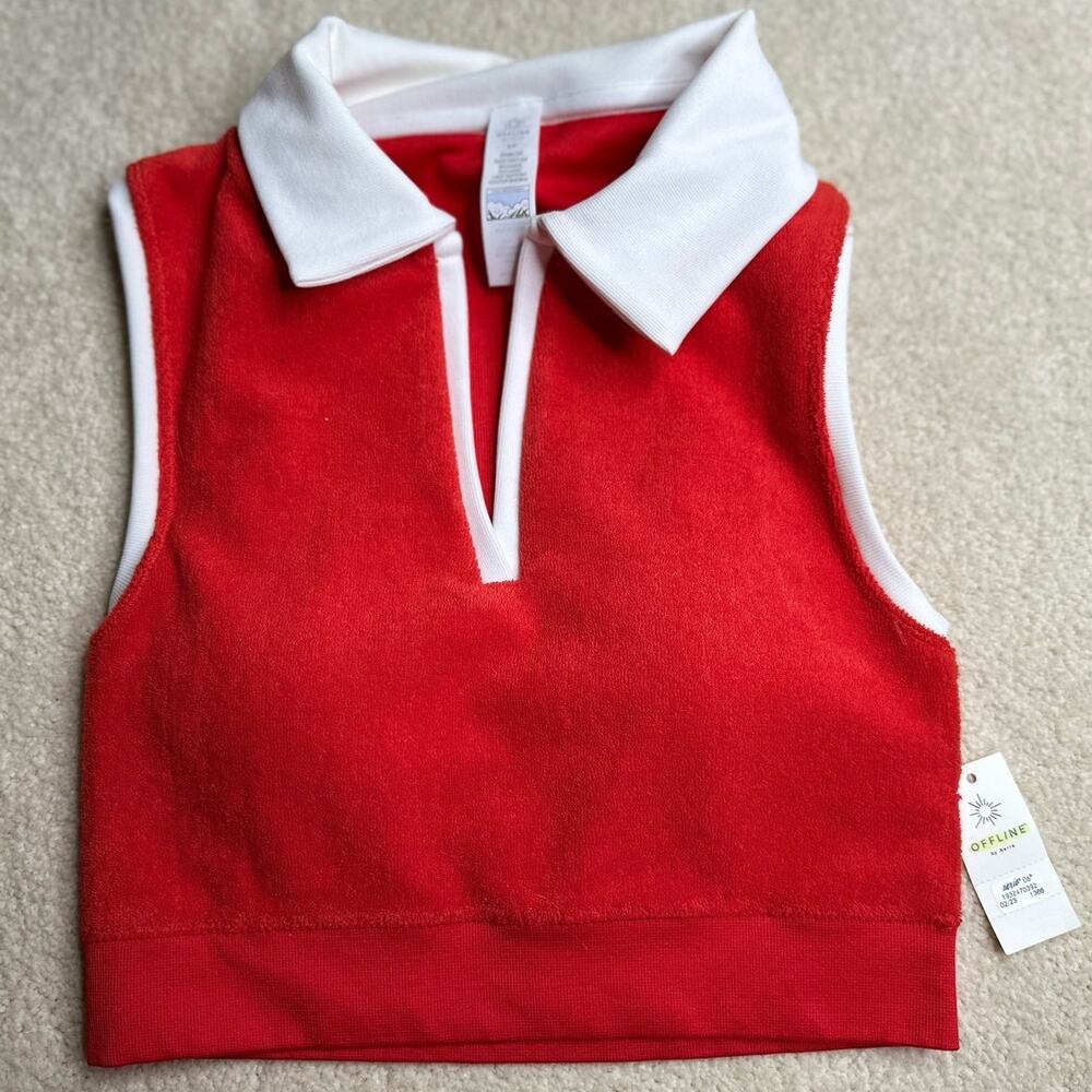 Aerie Offline: Red Terrycloth Collared Cropped Tank